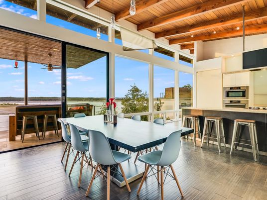 Dining room, Interior, Kitchen, Stainless Steel Appliances, Wooden Beams, Wooden Ceilings, Wood Texture Flooring