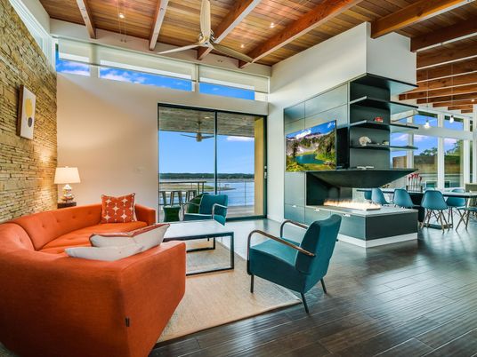 Dining room, Fireplace, Interior, Living room, Recessed Lighting, Stone Walls, Wooden Beams, Wooden Ceilings, Wood Texture Flooring