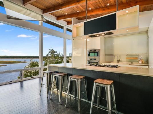 Interior, Kitchen, Recessed Lighting, Stainless Steel Appliances, Water, Wooden Beams, Wooden Ceilings, Wood Texture Flooring