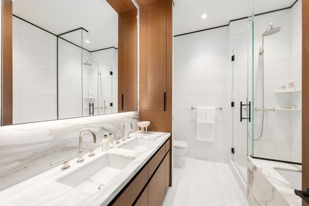 Bathroom, Dual Sink Vanities, Glass Shower, Interior, Marble, Recessed Lighting