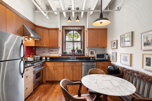 Dining room, Interior, Kitchen, Pendant Lights, Stainless Steel Appliances, Wood Texture Flooring
