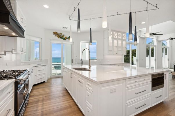 Interior, Kitchen, Pendant Lights, Recessed Lighting, Stainless Steel Appliances, Water, Wood Texture Flooring