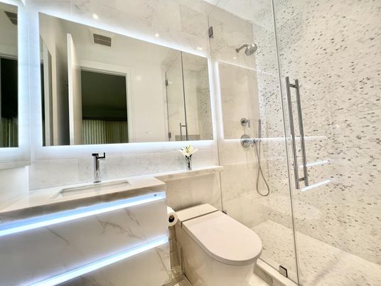 Bathroom, Glass Shower, Interior, Marble Walls, Recessed Lighting