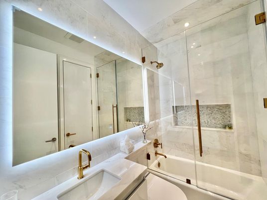 Bathroom, Glass Shower, Interior, Marble Walls, Recessed Lighting
