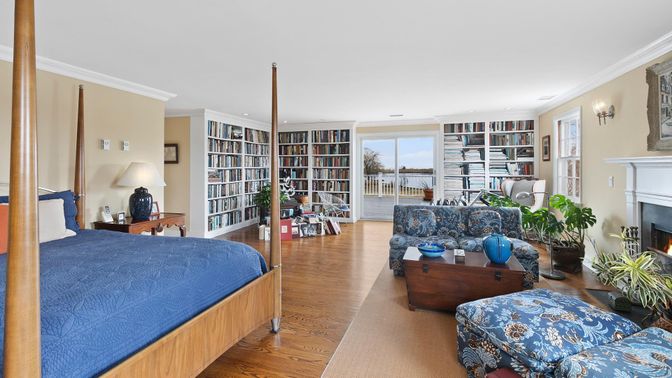 Bedroom, Fireplace, Interior, Recessed Lighting, Wood Texture Flooring