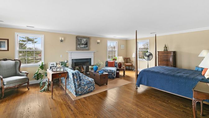 Bedroom, Fireplace, Interior, Wood Texture Flooring