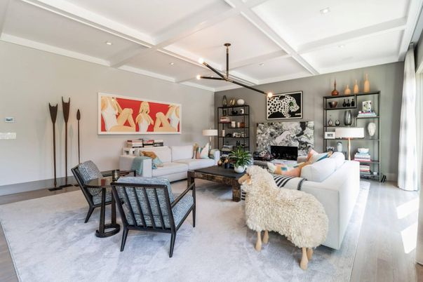 Fireplace, Interior, Living room, Pendant Lights, Recessed Lighting, Wood Texture Flooring
