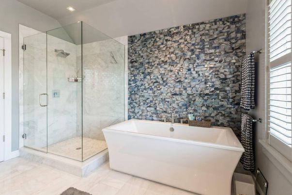 Bathroom, Free Standing Baths, Glass Shower, Interior, Marble, Marble Walls, Recessed Lighting