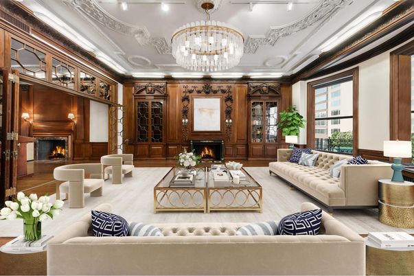 Chandelier, Fireplace, Interior, Living room, Recessed Lighting, Wood Texture Flooring