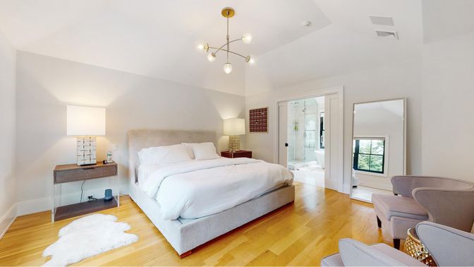 Bedroom, Interior, Pendant Lights, Wood Texture Flooring