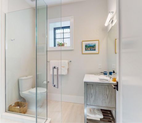 Bathroom, Glass Shower, Interior, Wood Texture Flooring