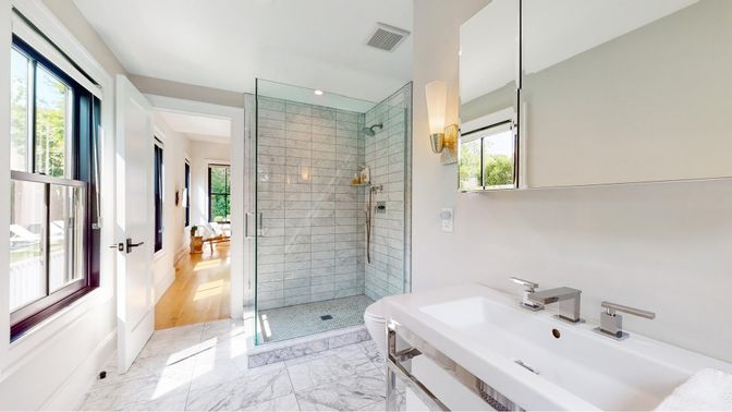 Bathroom, Glass Shower, Interior, Marble, Recessed Lighting, Wood Texture Flooring