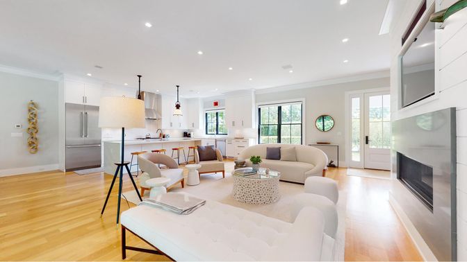 Interior, Kitchen, Living room, Pendant Lights, Recessed Lighting, Wood Texture Flooring