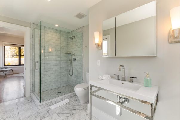 Bathroom, Glass Shower, Interior, Marble, Recessed Lighting