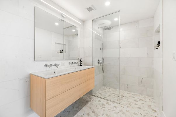 Bathroom, Glass Shower, Interior, Marble Walls, Recessed Lighting