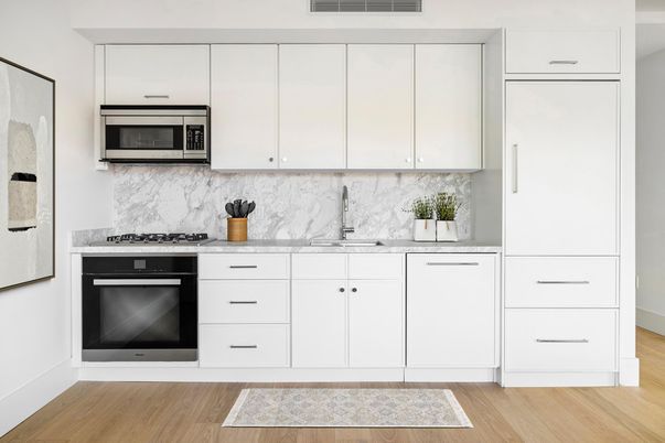 Interior, Kitchen, Marble Walls, Stainless Steel Appliances, Wood Texture Flooring