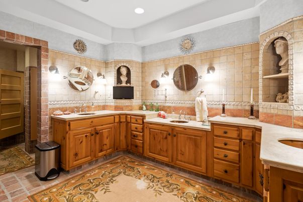 Bathroom, Dual Sink Vanities, Interior, Recessed Lighting, Tile Countertops