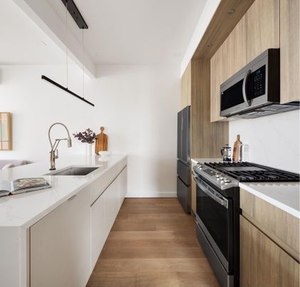 Interior, Kitchen, Pendant Lights, Stainless Steel Appliances, Wood Texture Flooring
