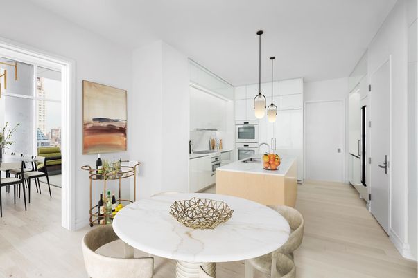Dining room, Interior, Kitchen, Pendant Lights, Stainless Steel Appliances, Wood Texture Flooring