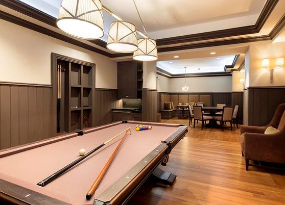 Billiard Table, Dining room, Game Room, Interior, Pendant Lights, Recessed Lighting, Wood Texture Flooring