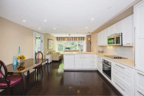 Dining room, Interior, Kitchen, Living room, Recessed Lighting, Stainless Steel Appliances, Wood Texture Flooring