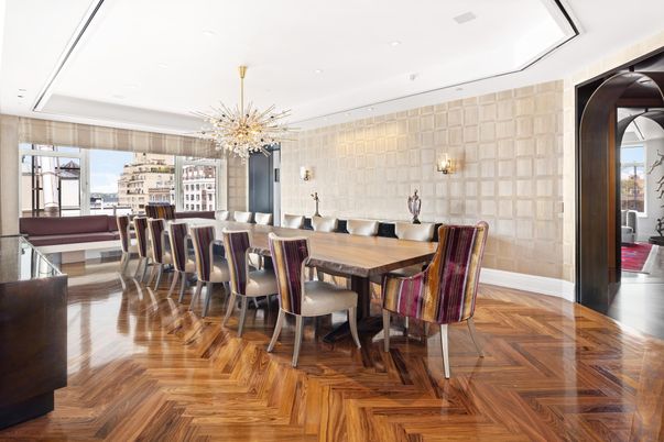 Dining room, Interior, Pendant Lights, Recessed Lighting, Wood Texture Flooring