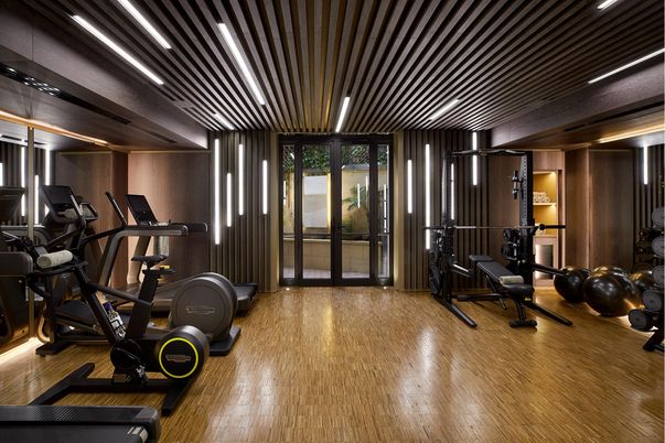 Fitness Equipment, Gym, Interior, Recessed Lighting, Wood Texture Flooring