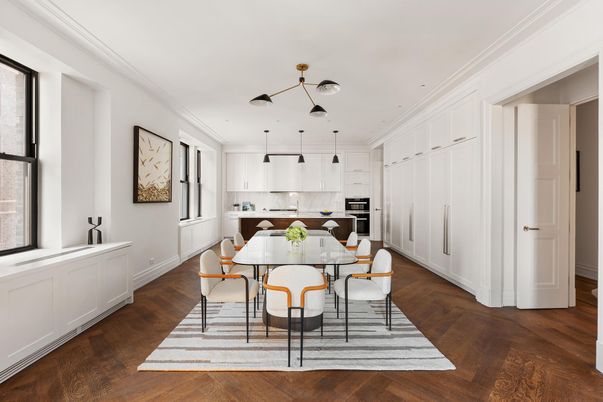 Dining room, Interior, Kitchen, Pendant Lights, Stainless Steel Appliances, Wood Texture Flooring
