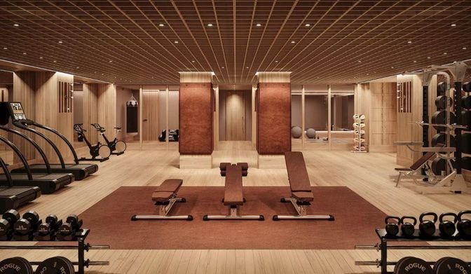 Fitness Equipment, Gym, Interior, Recessed Lighting, Wood Texture Flooring