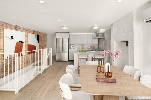 Dining room, Interior, Kitchen, Recessed Lighting, Stainless Steel Appliances, Wood Texture Flooring