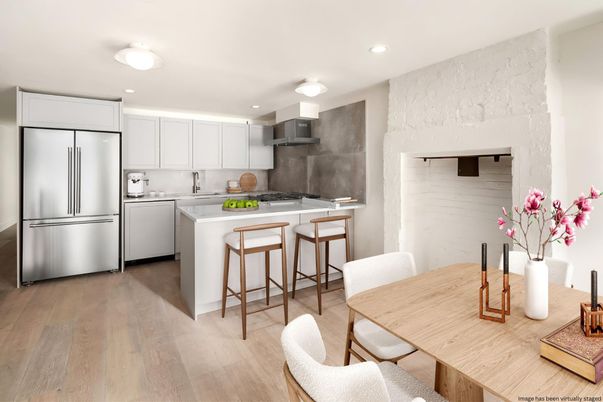 Dining room, Interior, Kitchen, Recessed Lighting, Stainless Steel Appliances, Wood Texture Flooring