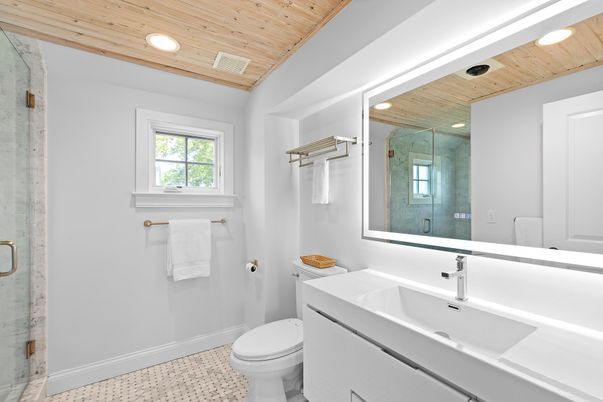 Bathroom, Glass Shower, Interior, Recessed Lighting, Wooden Ceilings