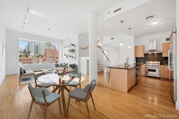 Dining room, Interior, Kitchen, Living room, Pendant Lights, Stainless Steel Appliances, Wood Texture Flooring