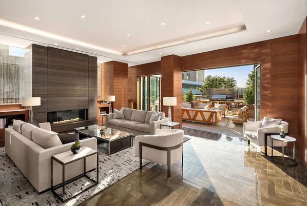Fireplace, Interior, Living room, Recessed Lighting, Wooden Walls