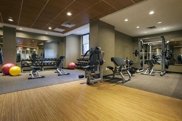 Fitness Equipment, Gym, Interior, Recessed Lighting, Wood Texture Flooring