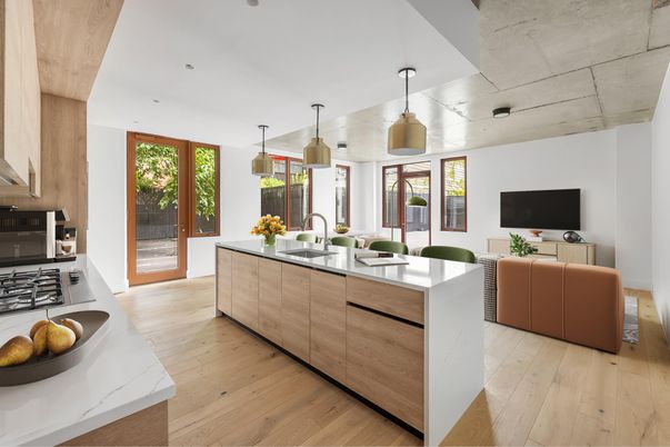 Interior, Kitchen, Living room, Pendant Lights, Recessed Lighting, Wood Texture Flooring