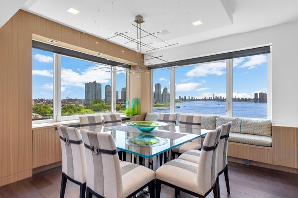 Dining room, Interior, Pendant Lights, Recessed Lighting, Water, Wood Texture Flooring