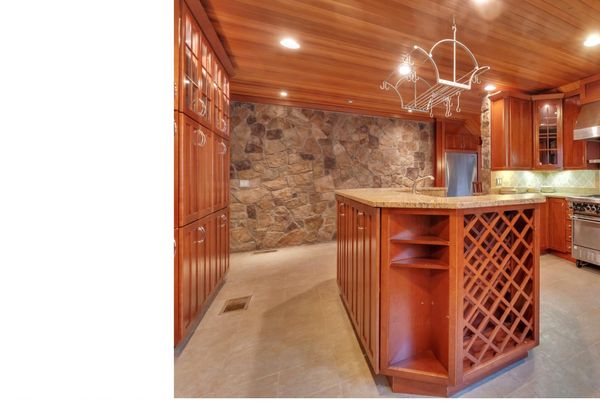 Interior, Kitchen, Recessed Lighting, Stainless Steel Appliances, Stone Walls, Wooden Ceilings