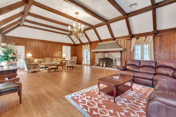 Chandelier, Fireplace, Interior, Living room, Wooden Beams, Wood Texture Flooring, Wooden Walls