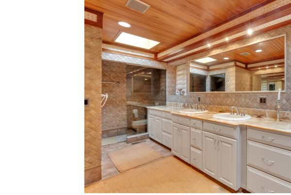 Bathroom, Dual Sink Vanities, Glass Shower, Interior, Recessed Lighting, Wooden Ceilings