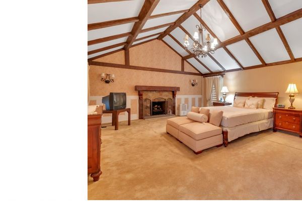 Bedroom, Chandelier, Fireplace, Interior, Wooden Beams