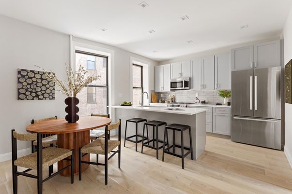 Dining room, Interior, Kitchen, Recessed Lighting, Stainless Steel Appliances, Wood Texture Flooring