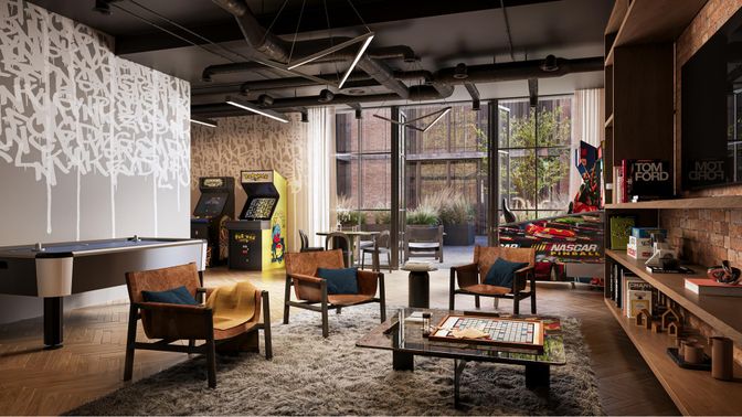 Billiard Table, Game Room, Interior, Living room, Stone Walls, Wood Texture Flooring