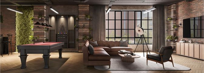 Billiard Table, Game Room, Interior, Pendant Lights, Stone Walls, Wood Texture Flooring
