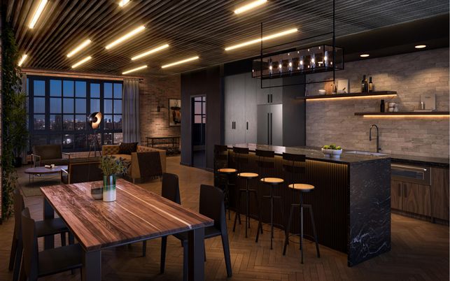 Dining room, Interior, Kitchen, Pendant Lights, Recessed Lighting, Stone Walls, Wood Texture Flooring
