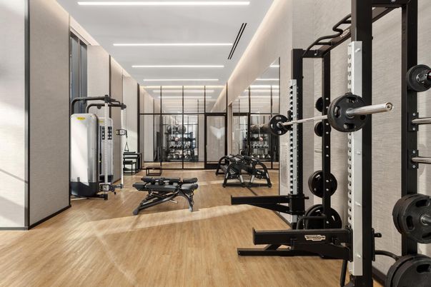 Fitness Equipment, Gym, Interior, Recessed Lighting, Wood Texture Flooring