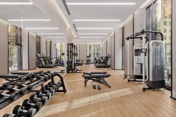 Fitness Equipment, Gym, Interior, Recessed Lighting, Wood Texture Flooring