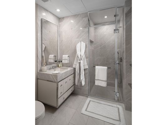 Bathroom, Dual Sink Vanities, Glass Shower, Interior, Marble Walls, Recessed Lighting