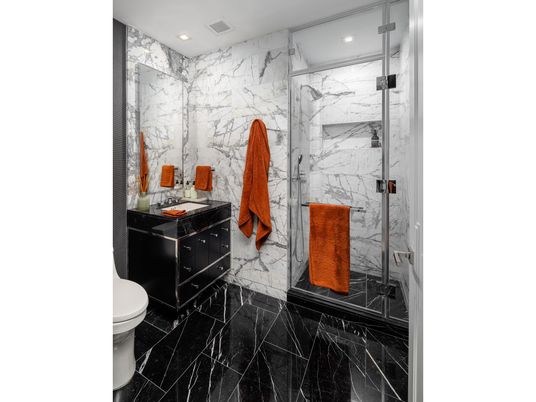 Bathroom, Glass Shower, Interior, Marble, Marble Walls, Recessed Lighting