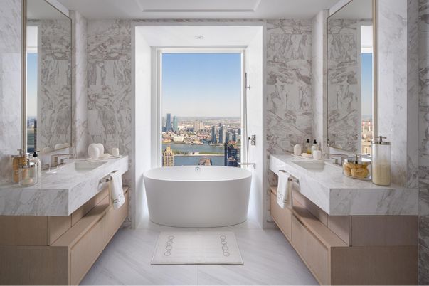 Bathroom, Dual Sink Vanities, Free Standing Baths, Interior, Marble, Marble Walls, Recessed Lighting